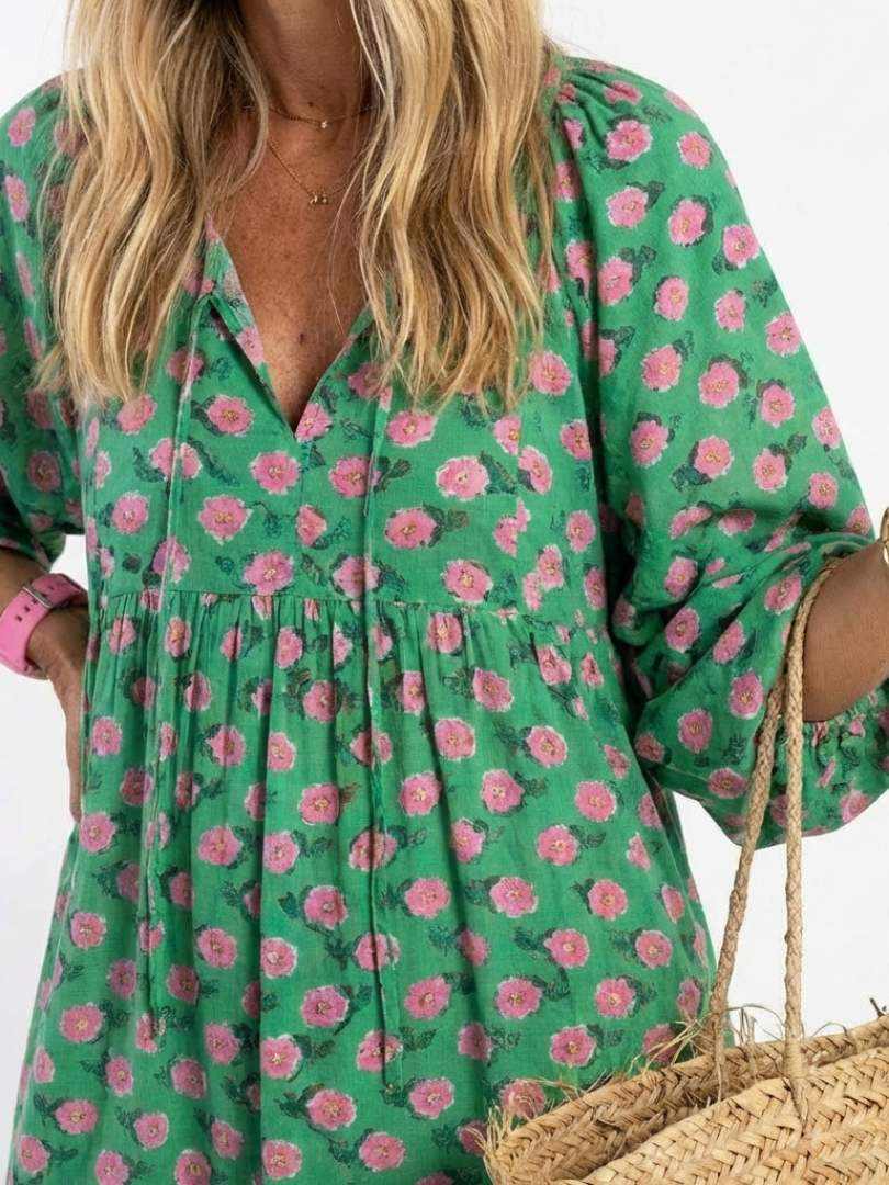 Fiora | Floral Print Midi Dress with V-Neckline