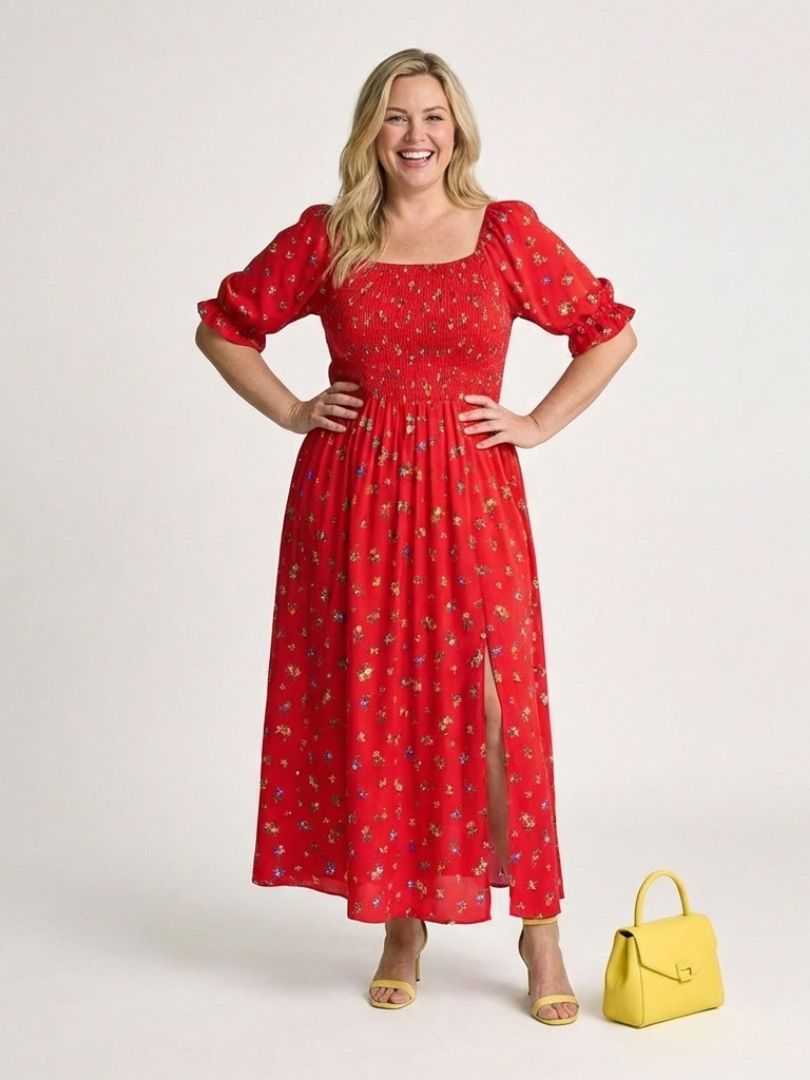 Delphine | Square Neck Midi Dress with Floral Print