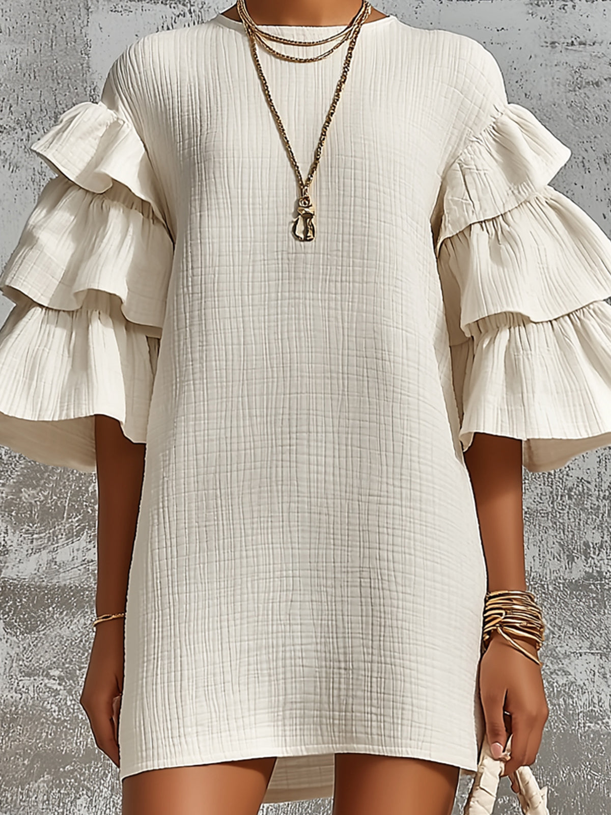 Chic Elegant Cream-White Ruffled Flare-Sleeve A-Line Mini Dress