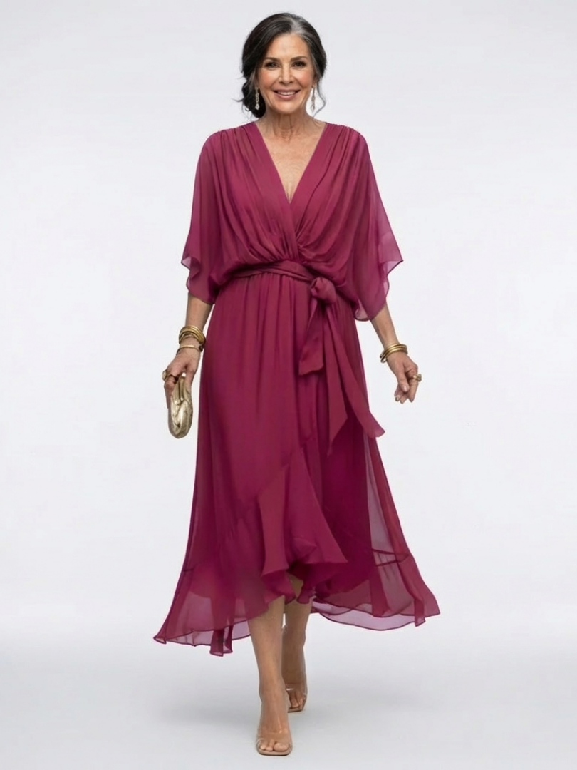 Elysia | Draped Midi Dress with V-Neckline and Waist Belt