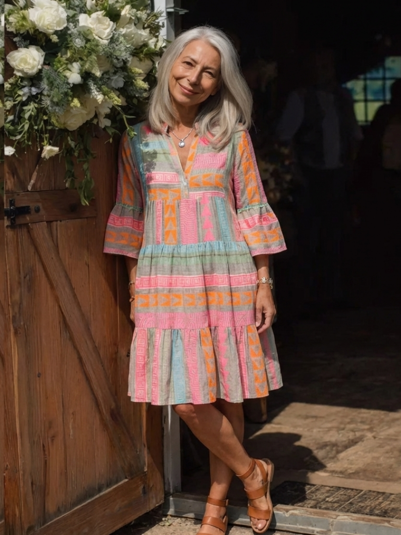 Maelle | V-Neck Geometric Print Dress, Knee Length