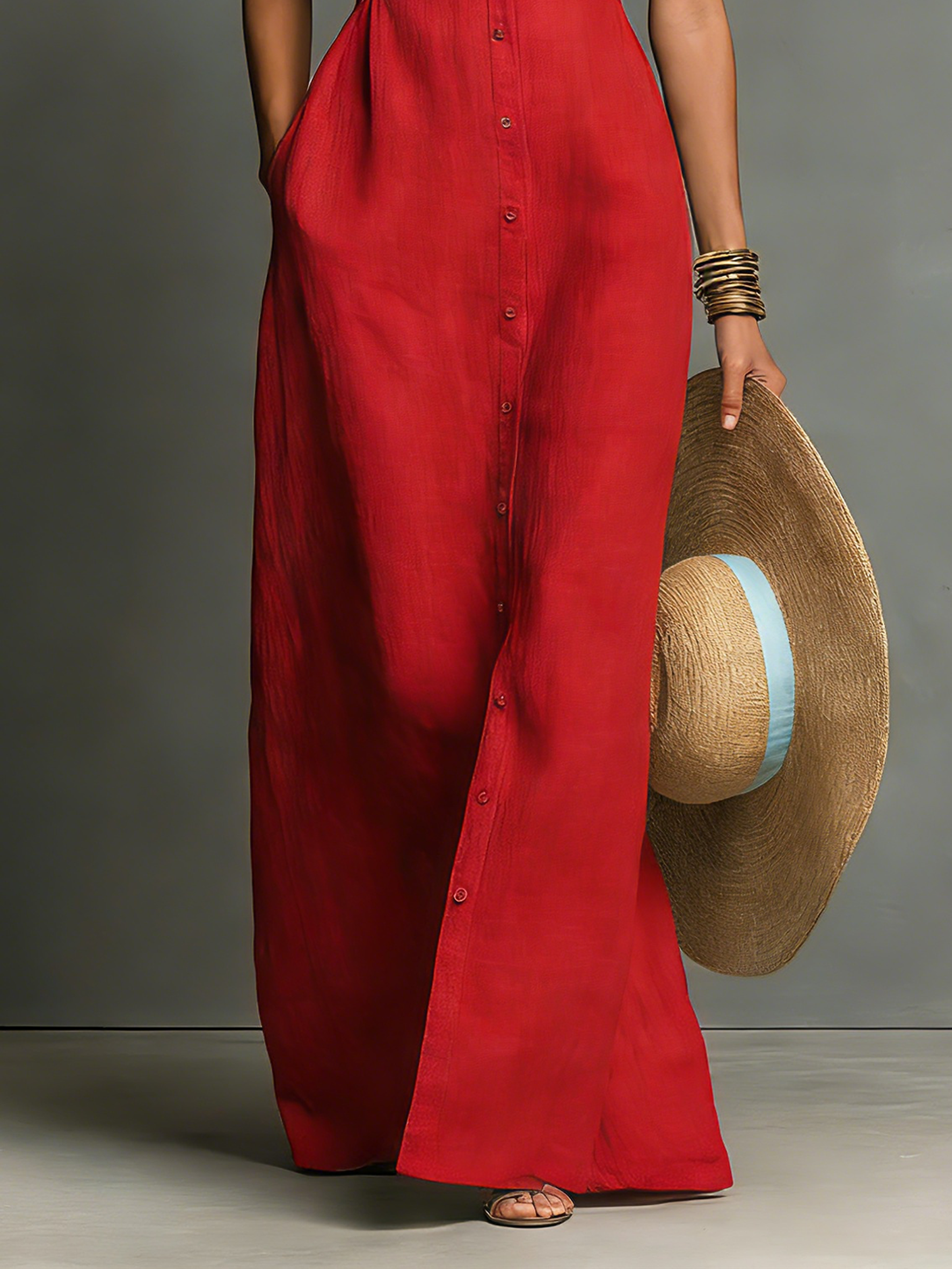 Women's Minimalist Blend Collared Single-Breasted Sleeveless Maxi Shirt Dress