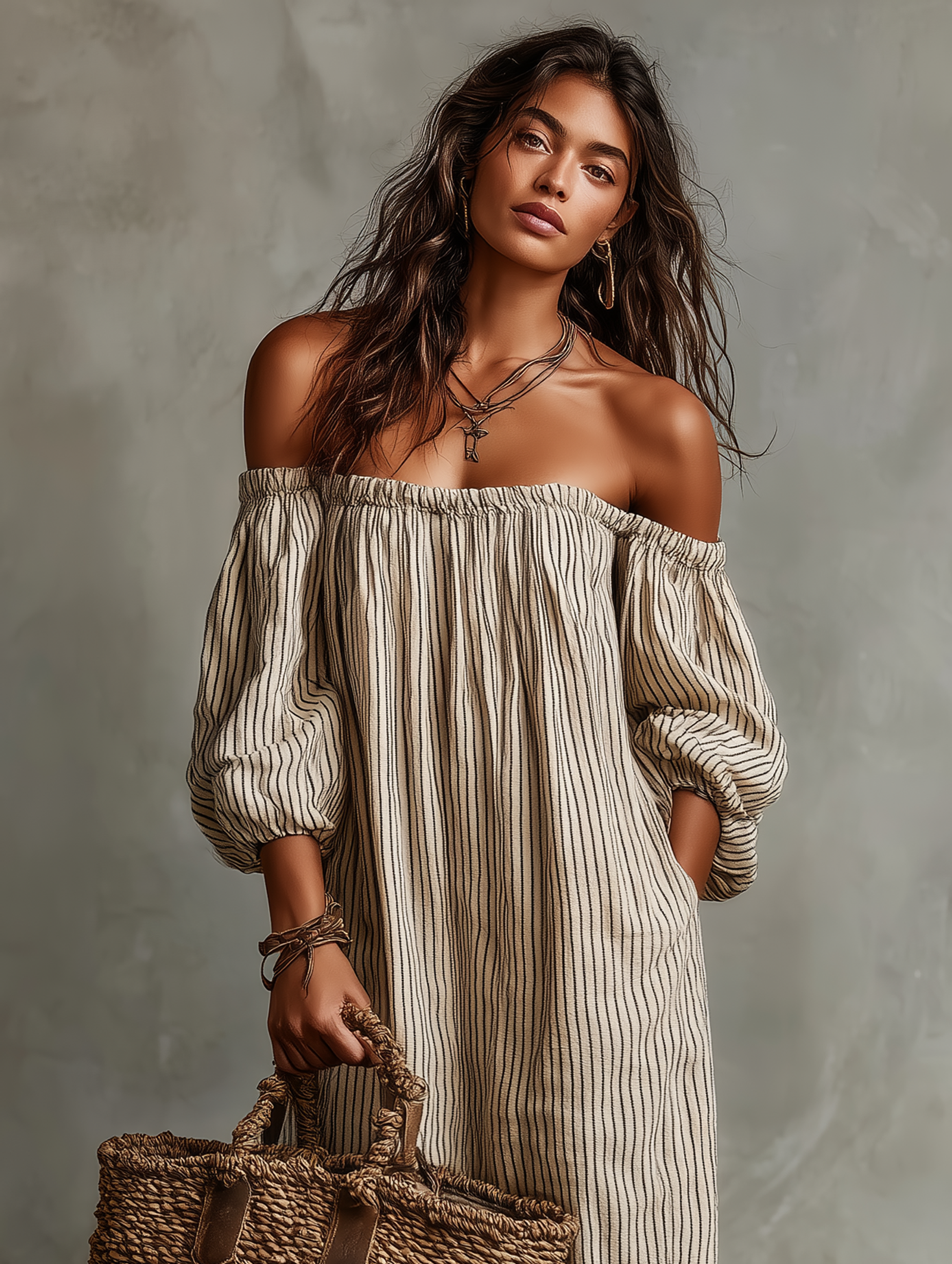Women's Vacation Cotton Blend Off-shoulder Long-sleeved Maxi Dress MDZ0481B5Y