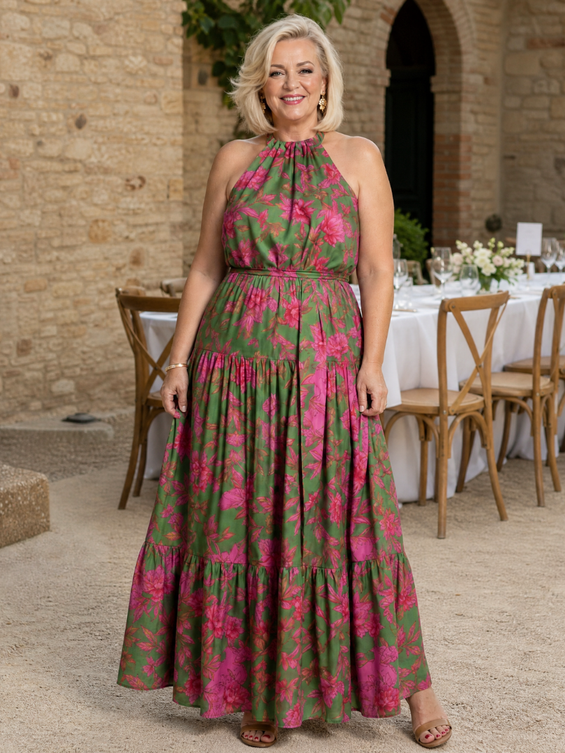 Pink Draped Midi Dress with Elegant Halter Neckline