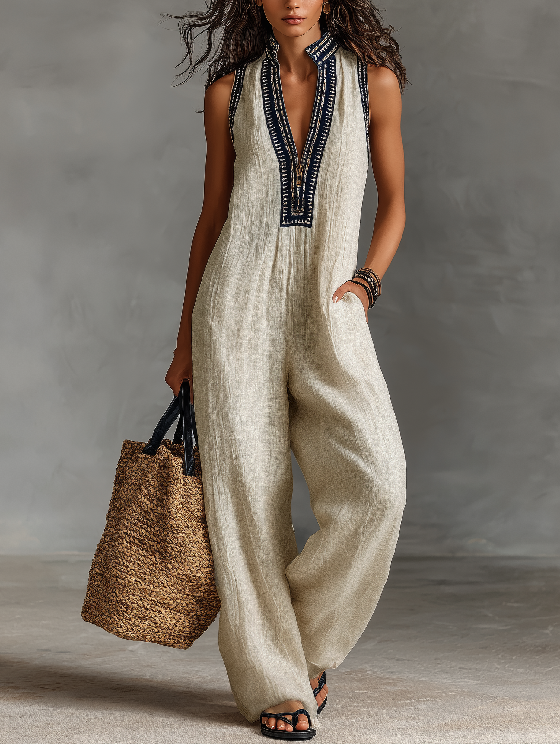Women's Minimalist Blend Sleeveless Jumpsuit With Zipper And Stand Collar, Featuring Embroidery MDZ0627B3Y