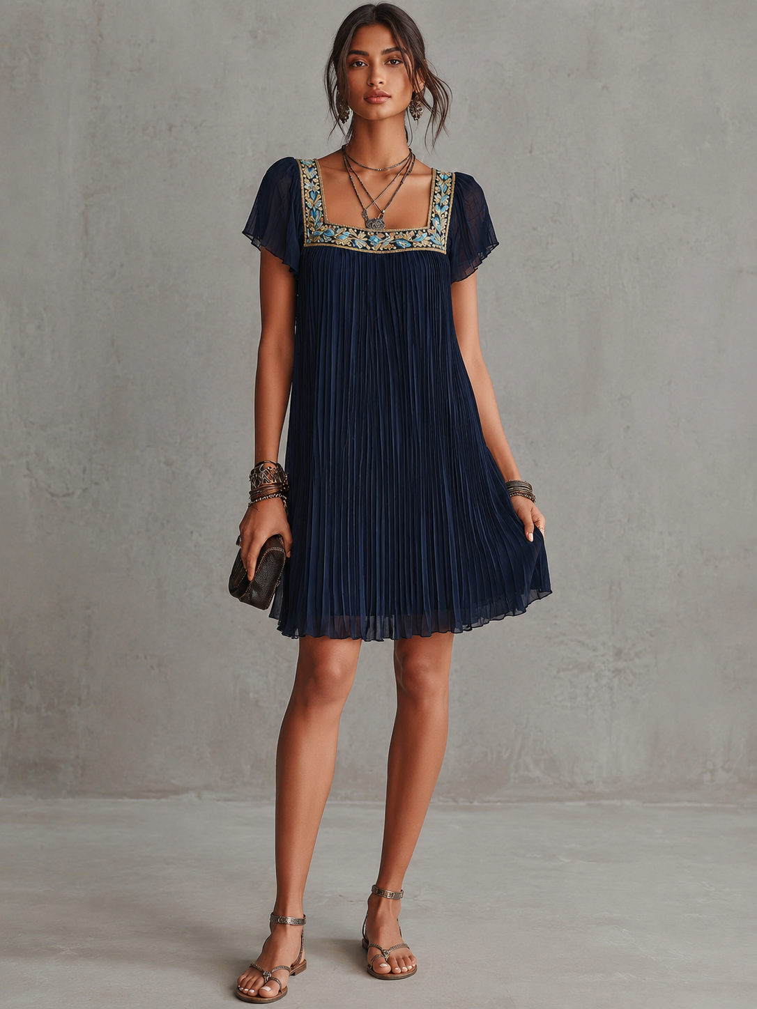 Navy Blue Floral Embroidered Pleated Chiffon Mini Dress