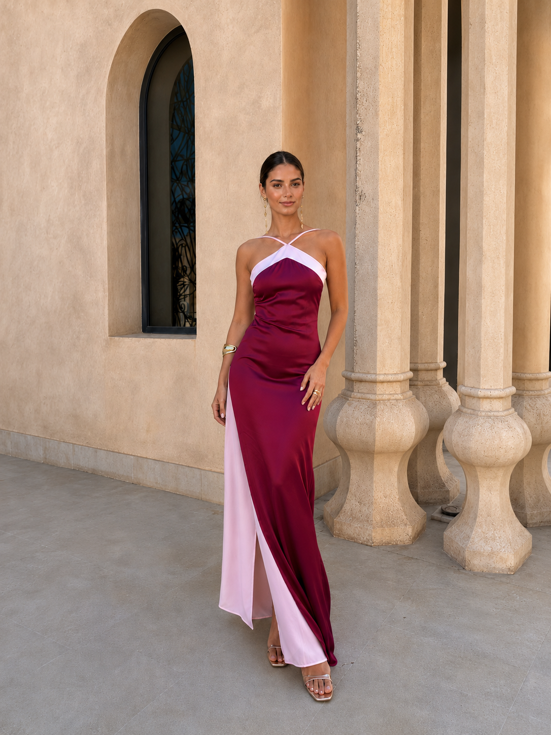 Oasis | Burgundy Satin Wrap-Neckline Maxi Dress