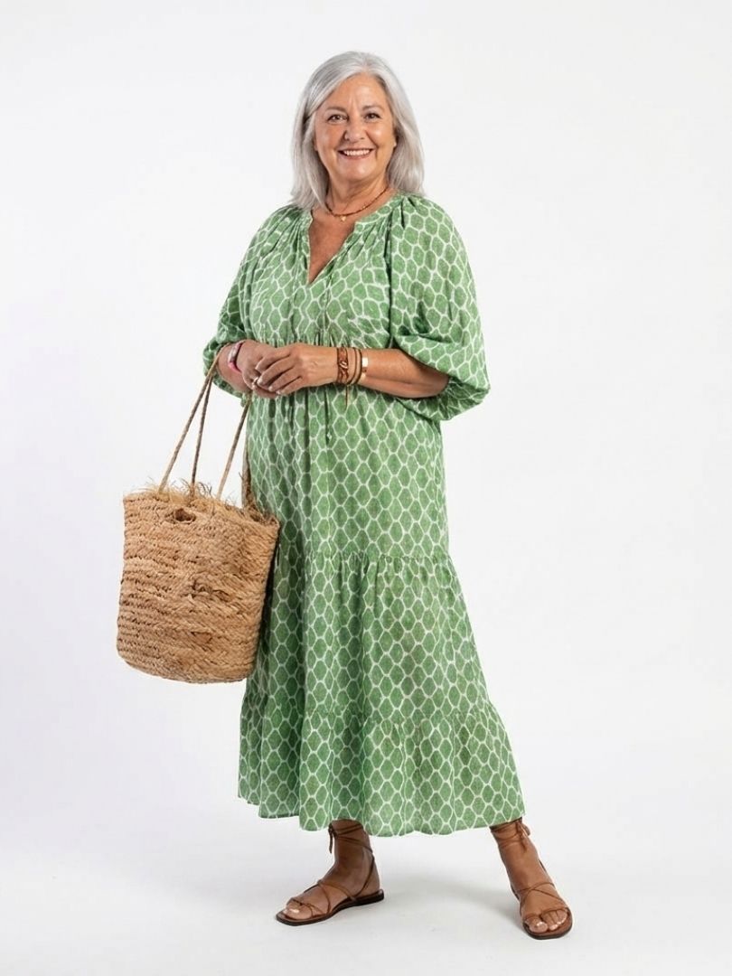 Apolline | Printed Midi Dress with Three-Quarter Sleeves and V-Neckline