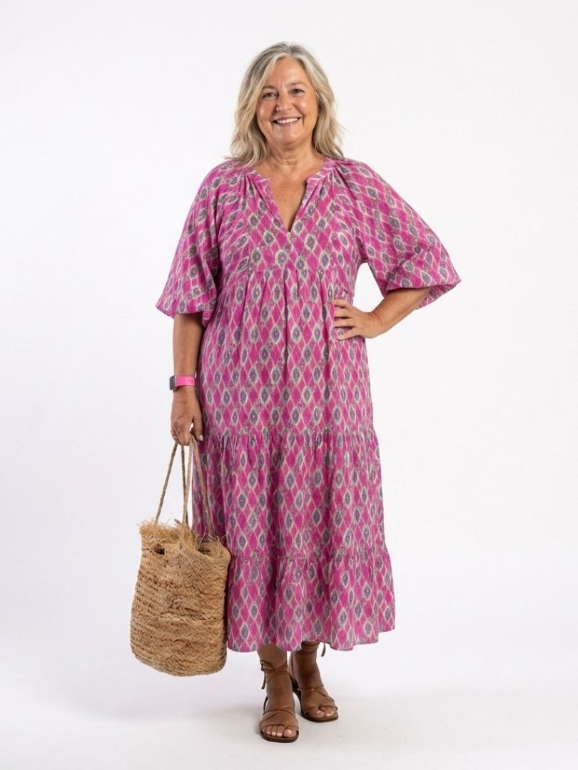 Apolline | Printed Midi Dress with Three-Quarter Sleeves and V-Neckline