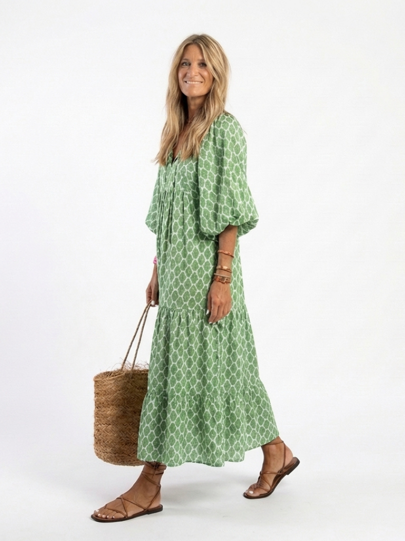 Apolline | Printed Midi Dress with Three-Quarter Sleeves and V-Neckline