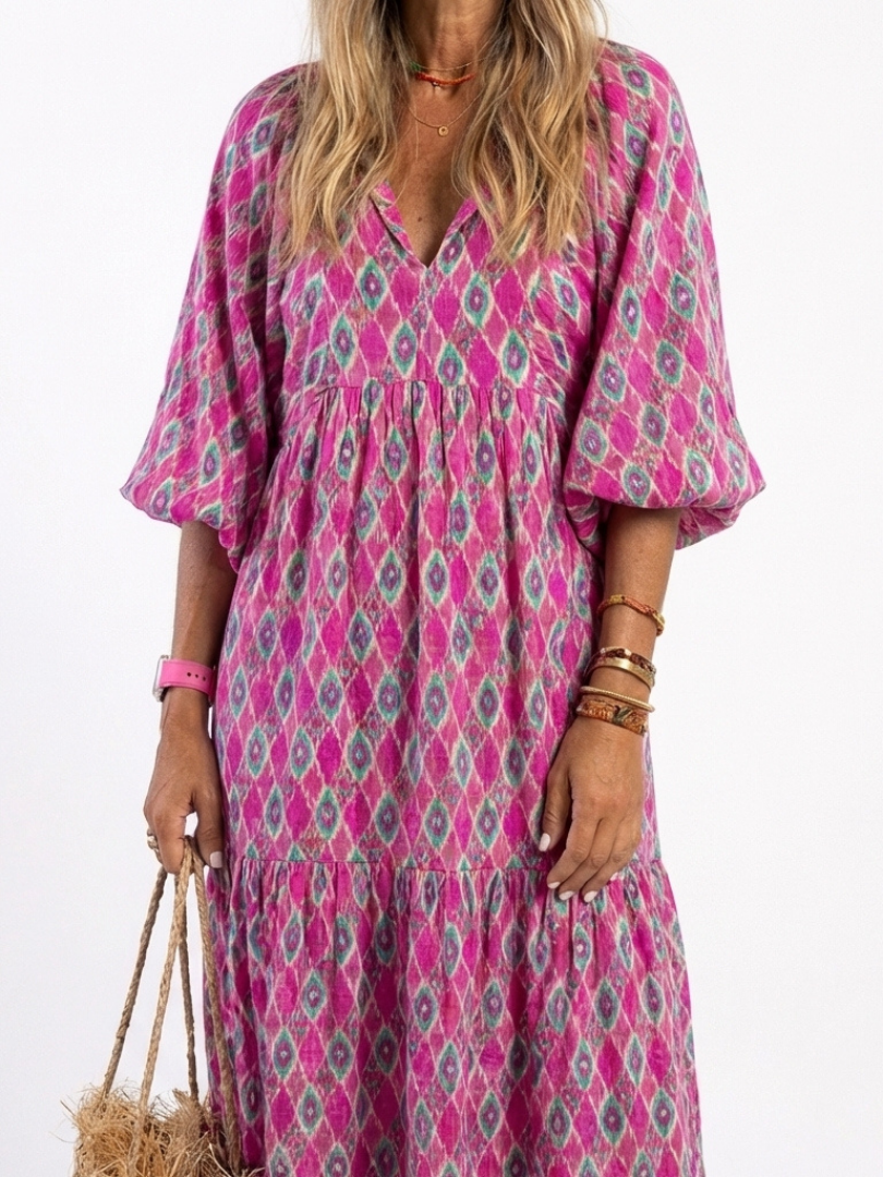 Apolline | Printed Midi Dress with Three-Quarter Sleeves and V-Neckline