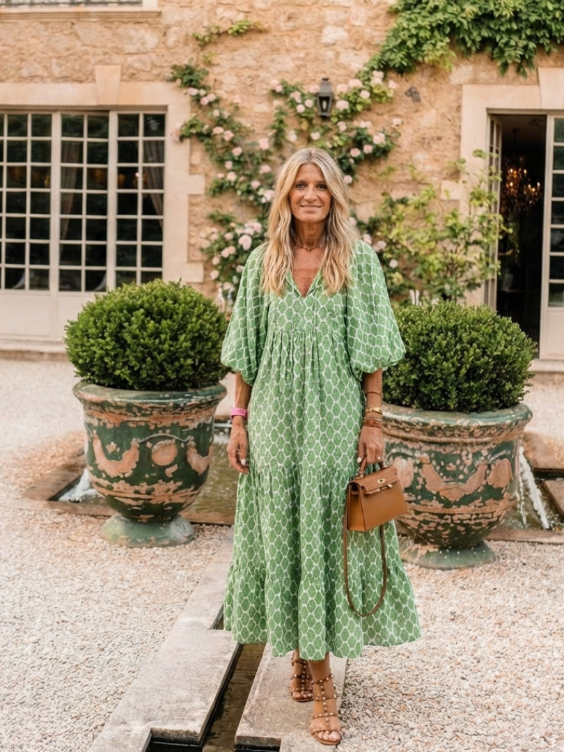 Apolline | Printed Midi Dress with Three-Quarter Sleeves and V-Neckline