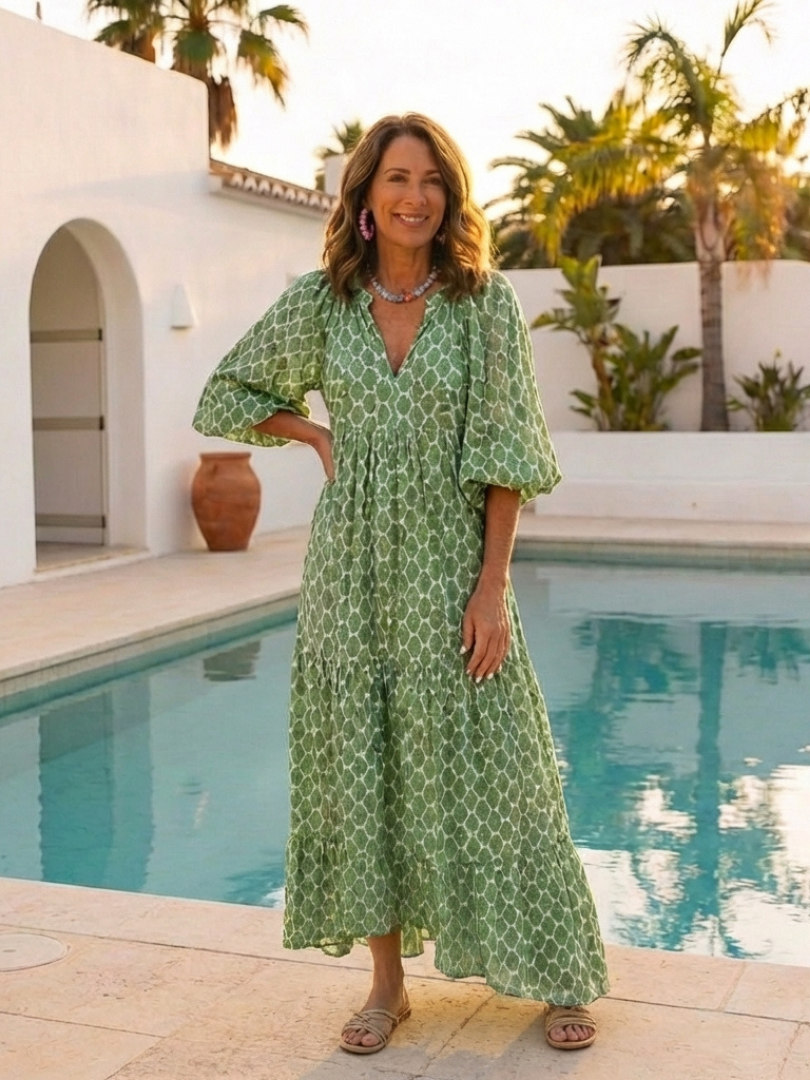 Apolline | Printed Midi Dress with Three-Quarter Sleeves and V-Neckline