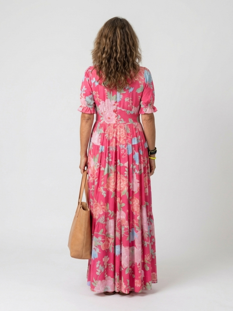 Ione | Midi Dress with Short Sleeves and Floral V-Neck