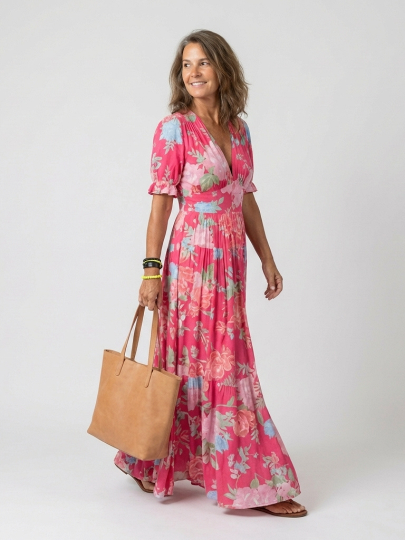Ione | Midi Dress with Short Sleeves and Floral V-Neck