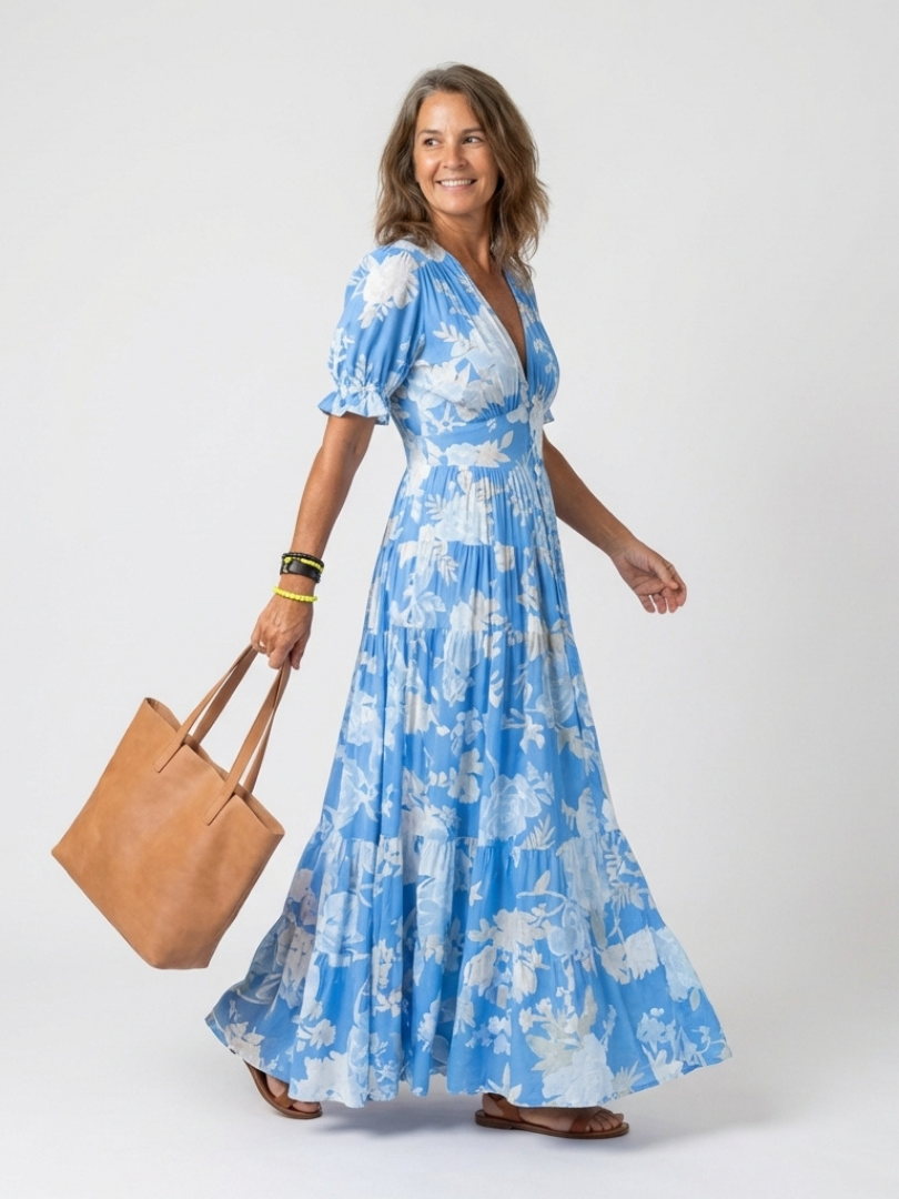 Ione | Midi Dress with Short Sleeves and Floral V-Neck