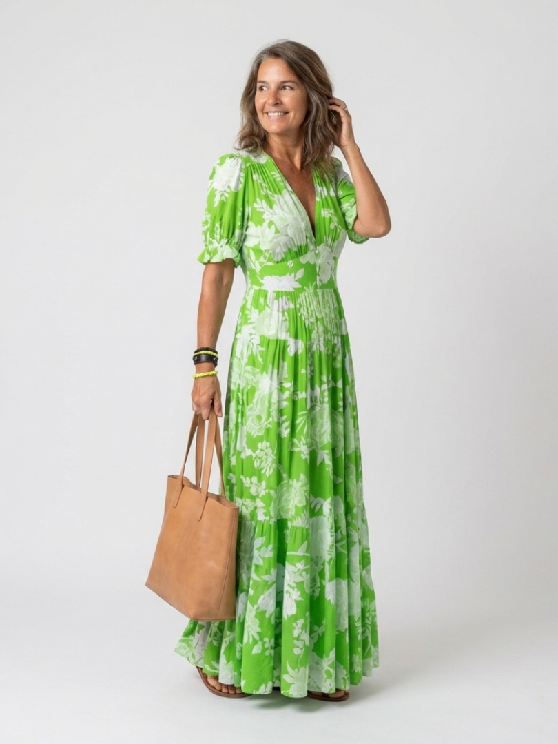 Ione | Midi Dress with Short Sleeves and Floral V-Neck