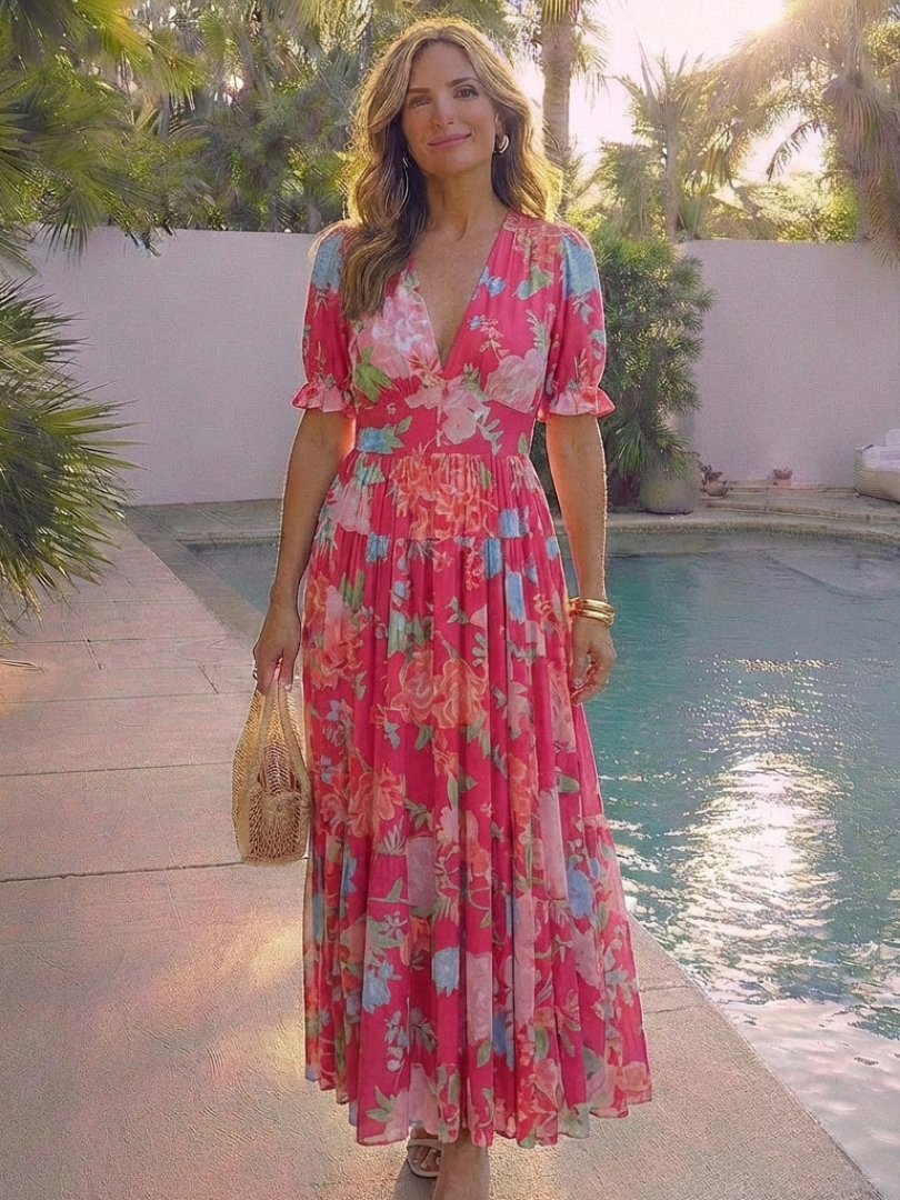 Ione | Midi Dress with Short Sleeves and Floral V-Neck