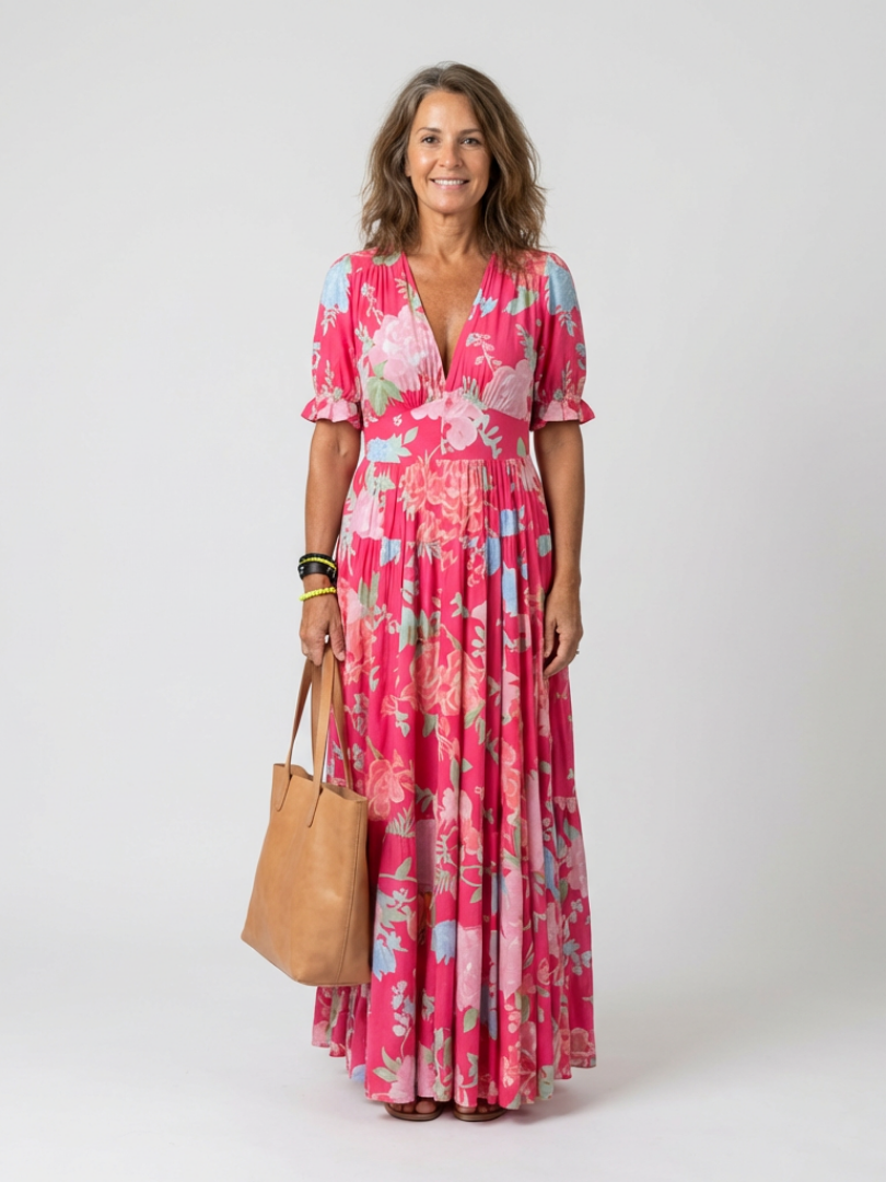 Ione | Midi Dress with Short Sleeves and Floral V-Neck