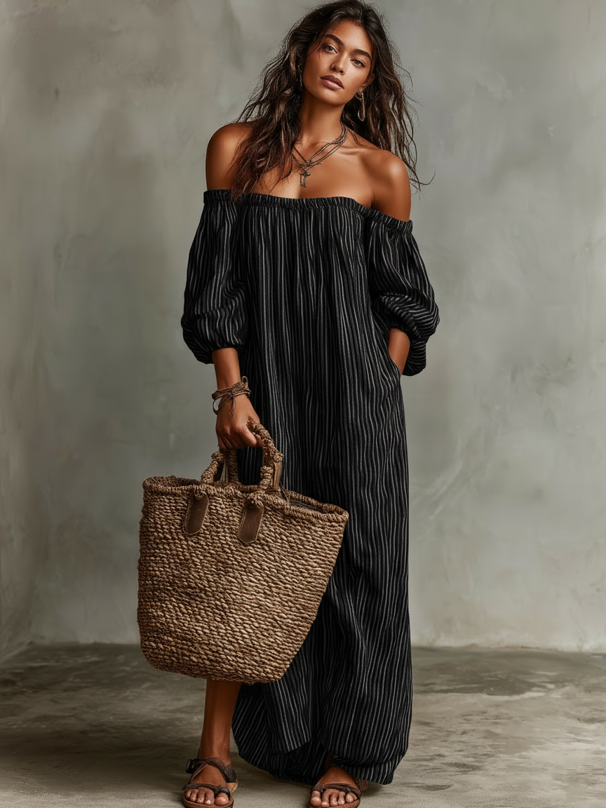 Women's Vacation Cotton Blend Off-shoulder Long-sleeved Maxi Dress MDZ0481B5Y