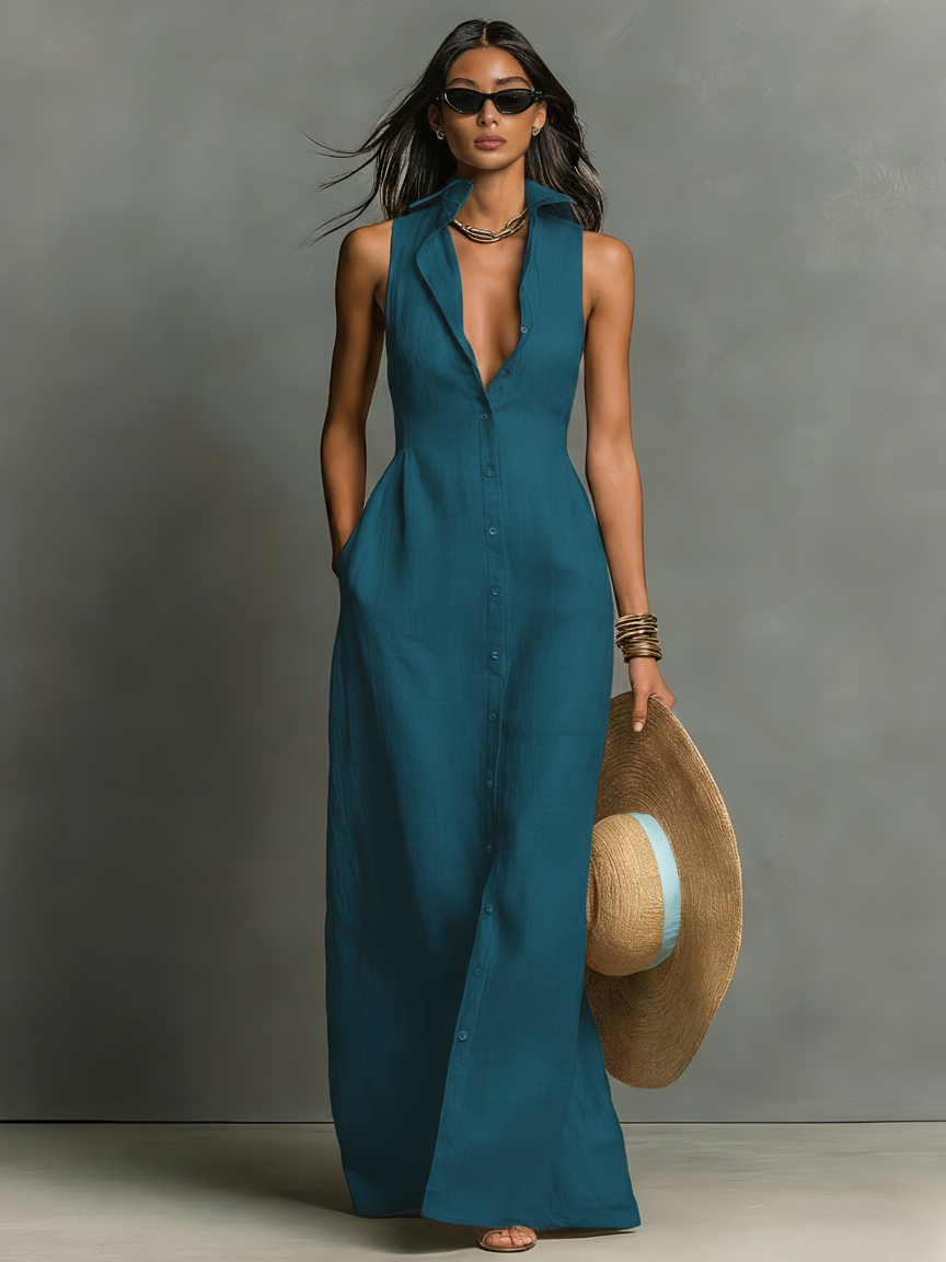 Women's Minimalist Blend Collared Single-Breasted Sleeveless Maxi Shirt Dress