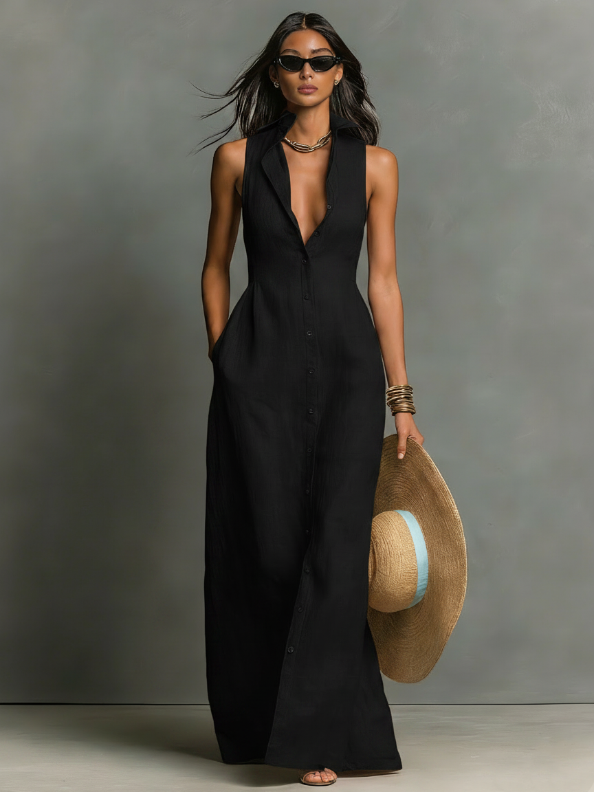 Women's Minimalist Blend Collared Single-Breasted Sleeveless Maxi Shirt Dress