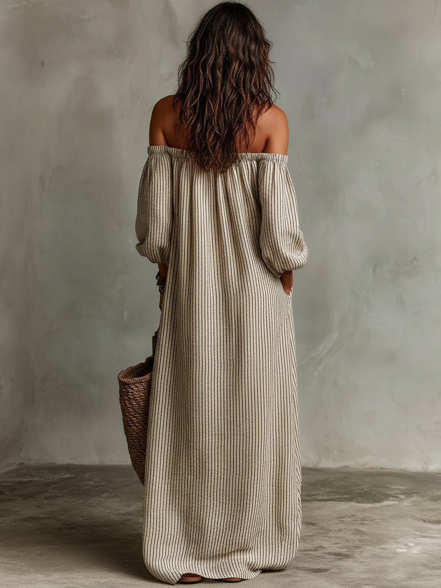 Women's Vacation Cotton Blend Off-shoulder Long-sleeved Maxi Dress MDZ0481B5Y