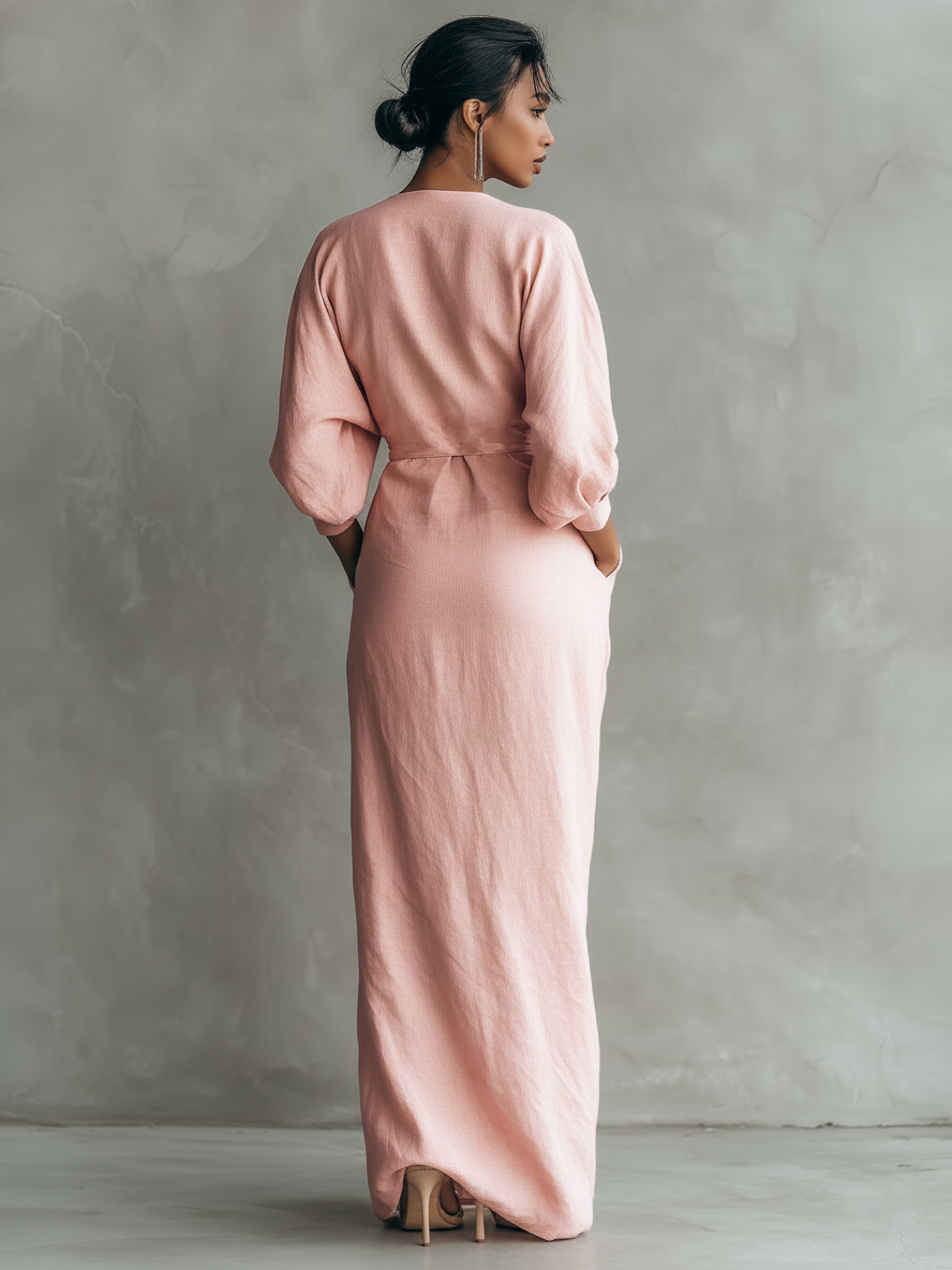 Women's Pink Minimalist V-neck Blend Maxi Dress MDA1655L0Y