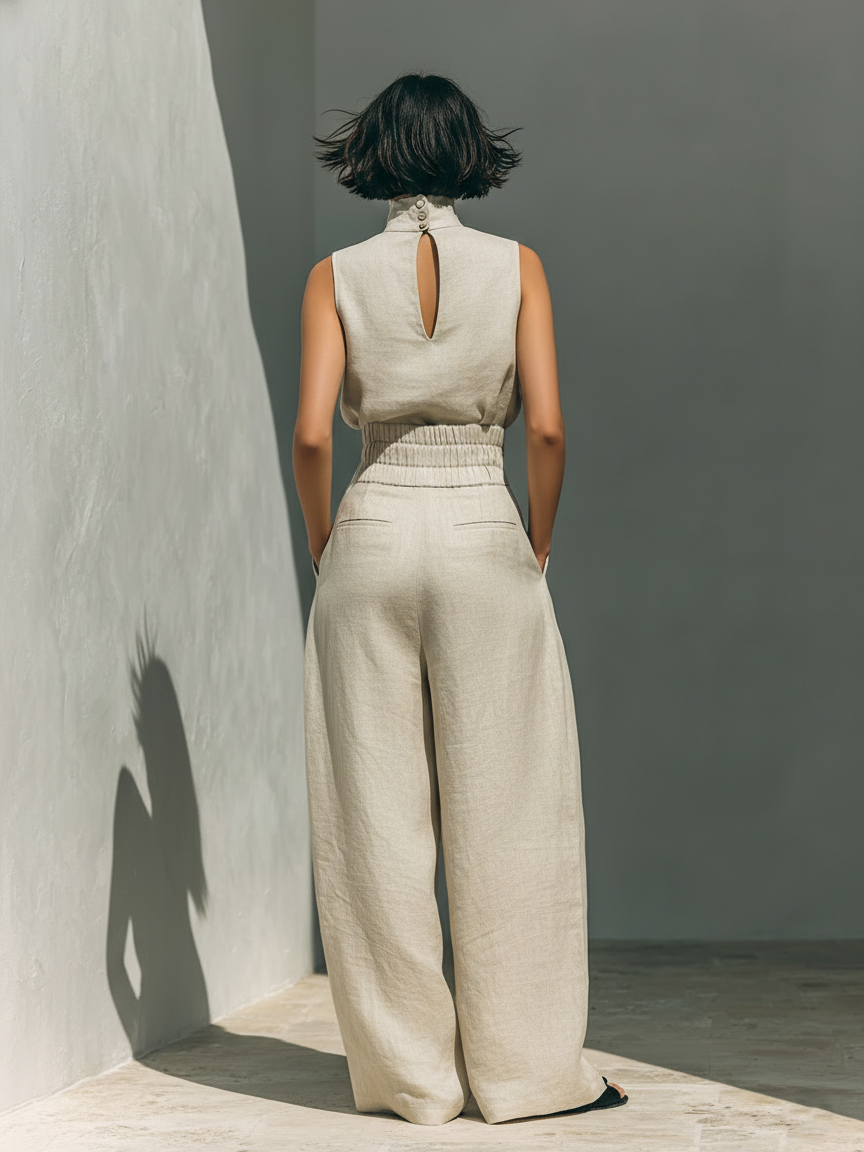 Women's Minimalist Cotton Blend Sleeveless Blouse And Wide-leg Pants Set MDZ0873A5Y