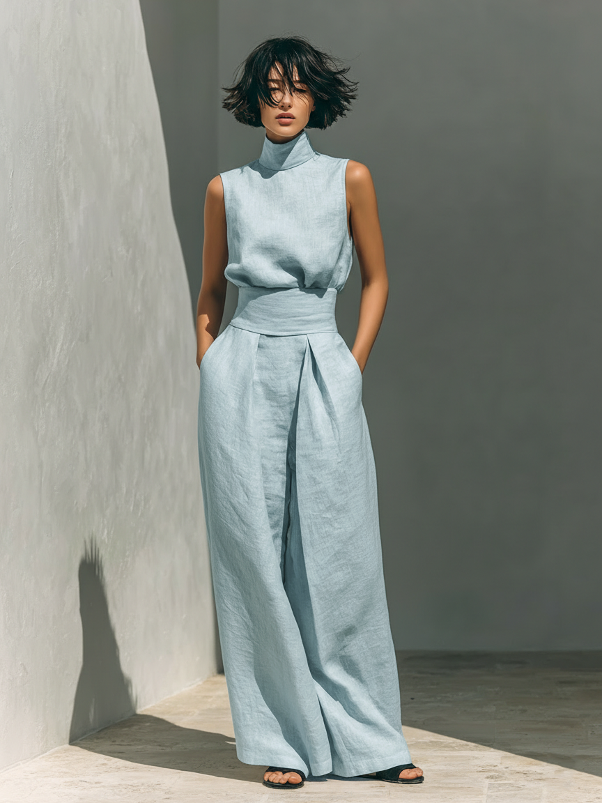 Women's Minimalist Cotton Blend Sleeveless Blouse And Wide-leg Pants Set MDZ0873A5Y