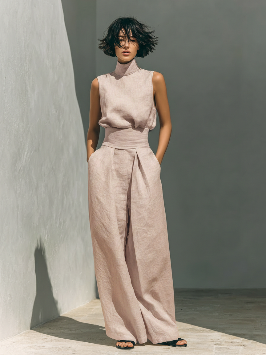 Women's Minimalist Cotton Blend Sleeveless Blouse And Wide-leg Pants Set MDZ0873A5Y