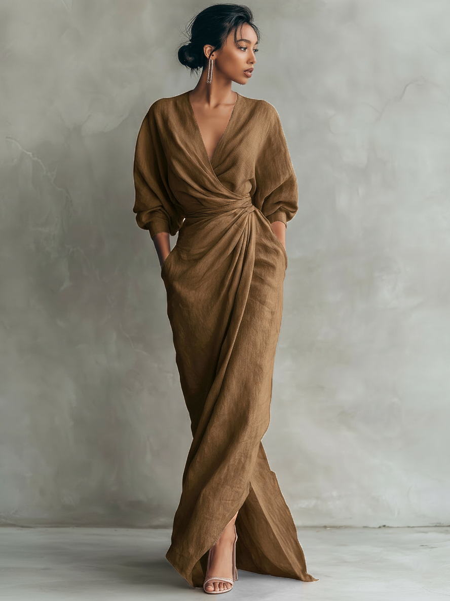 Women's Pink Minimalist V-neck Blend Maxi Dress MDA1655L0Y