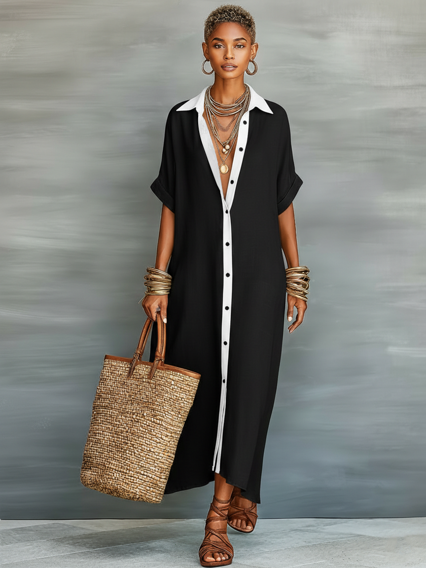 Women's Minimalist Blend Short-sleeved Shirt Maxi Dress