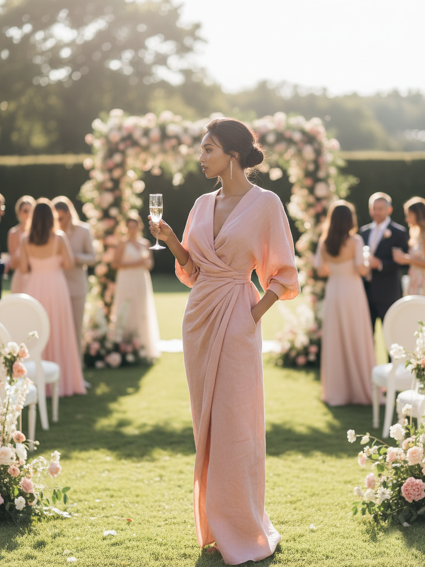 Women's Pink Minimalist V-neck Blend Maxi Dress MDA1655L0Y