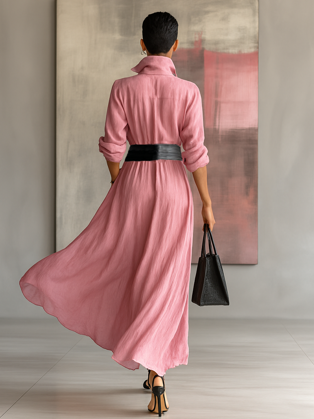 Women's Solid Color Lapel Long Sleeve Single Breasted Belt Maxi Shirt Dress MDA0917G0Y