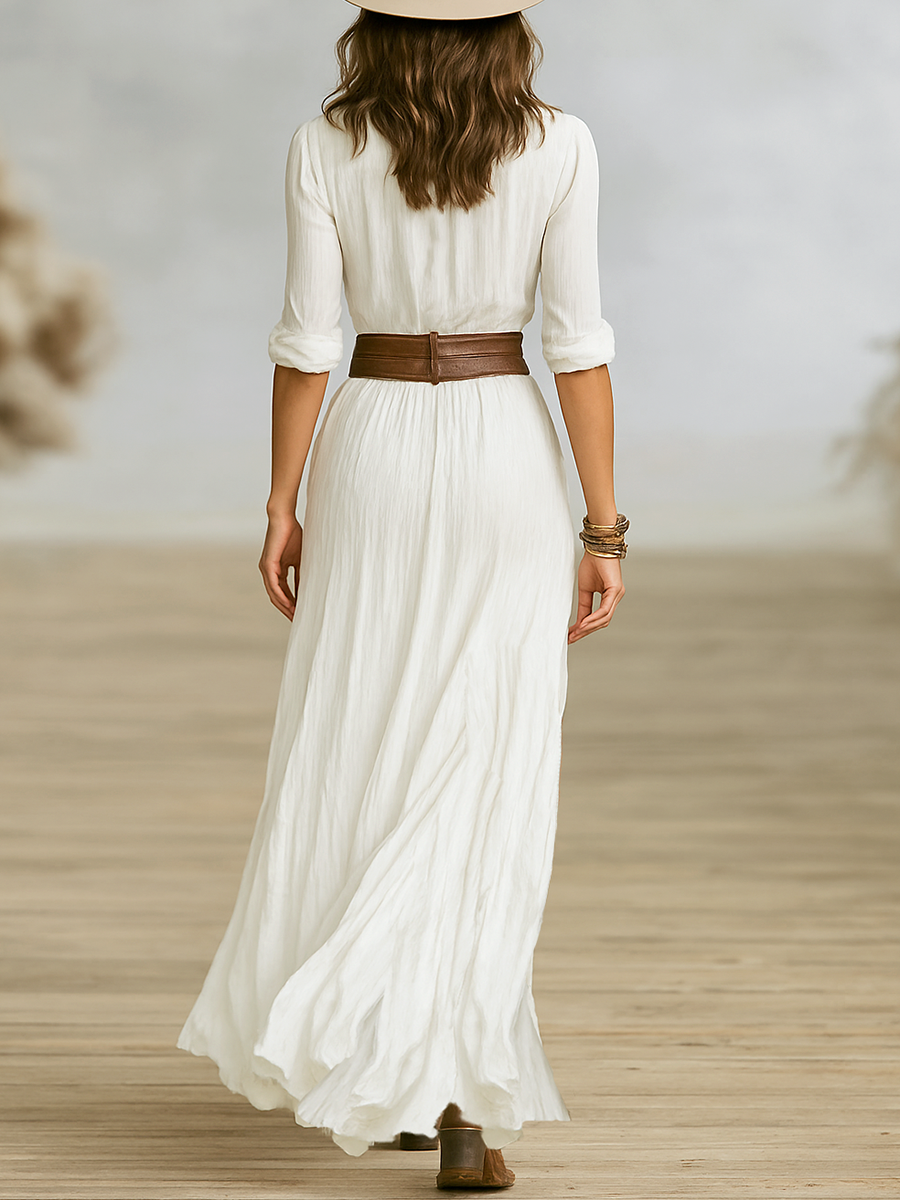 Women's Imitation Cotton And Linen Pleated Lapel Single-breasted Long-sleeved Maxi Dress MDA1968G0Y