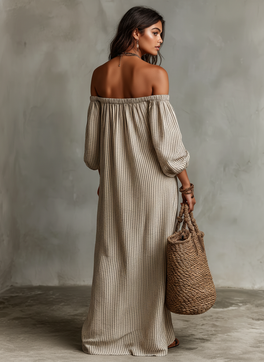 Women's Vacation Cotton Blend Off-shoulder Long-sleeved Maxi Dress MDZ0481B5Y