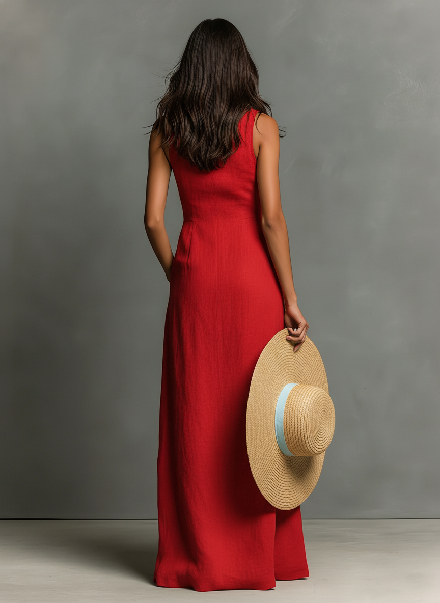 Women's Minimalist Blend Collared Single-Breasted Sleeveless Maxi Shirt Dress