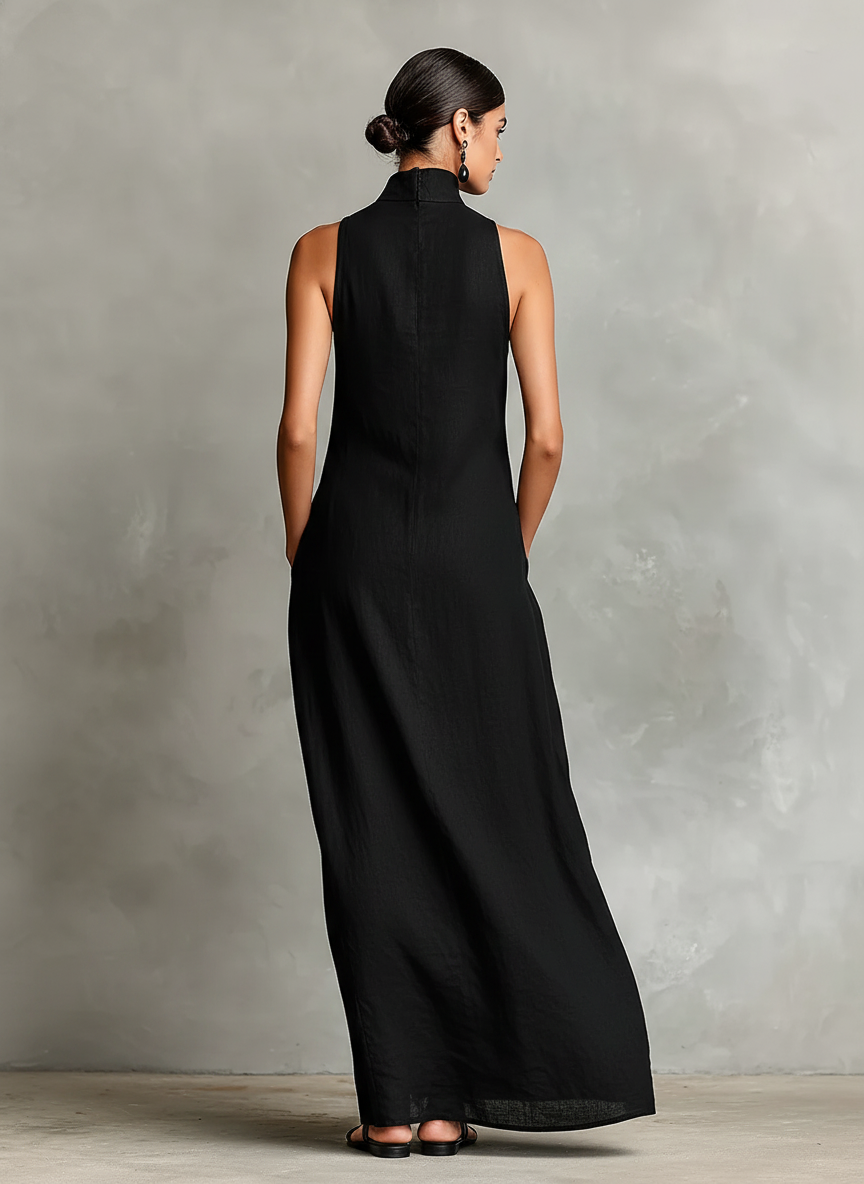 Women's Black Blend Maxi Dress With High Neck & Side Pockets, Timeless Minimalist Casual Dress