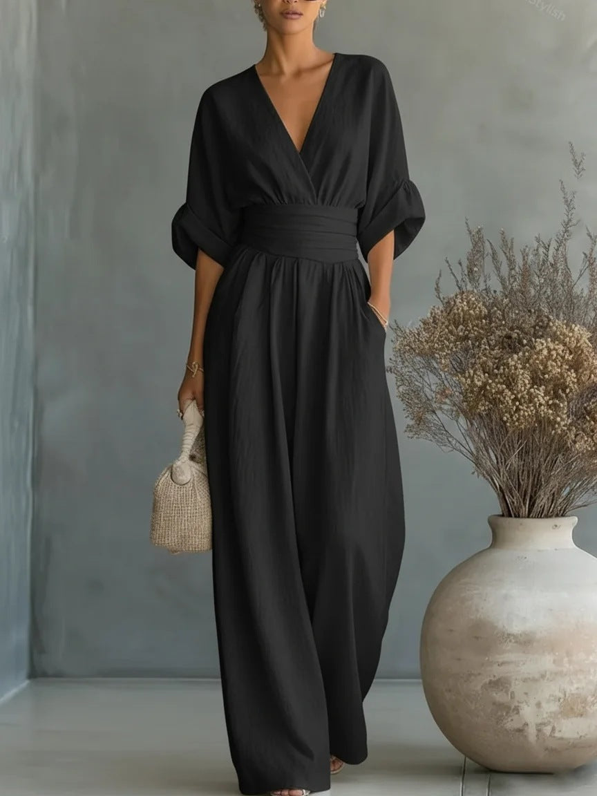 Elegant V-Neck Backless Dress with Flowing Sleeves