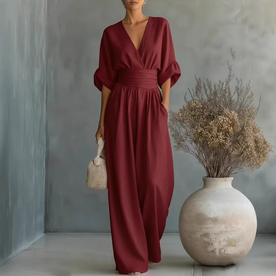 Elegant V-Neck Backless Dress with Flowing Sleeves