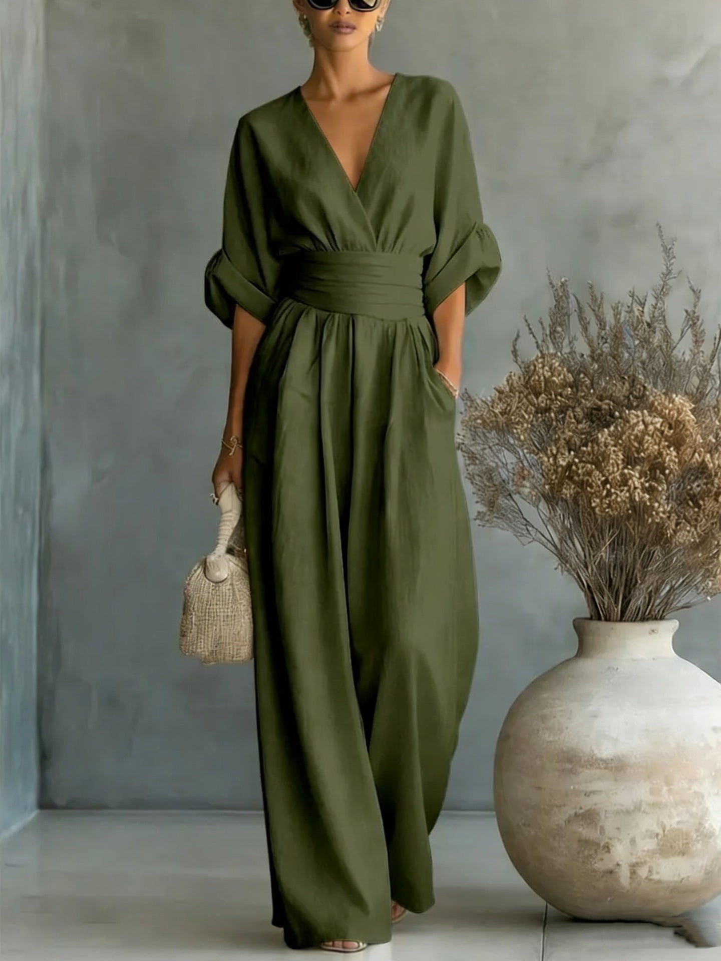 Elegant V-Neck Backless Dress with Flowing Sleeves