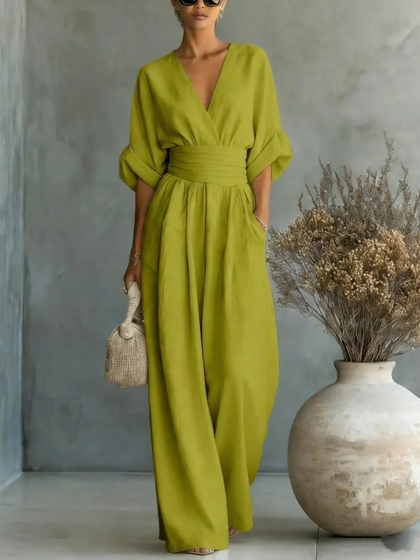 Elegant V-Neck Backless Dress with Flowing Sleeves
