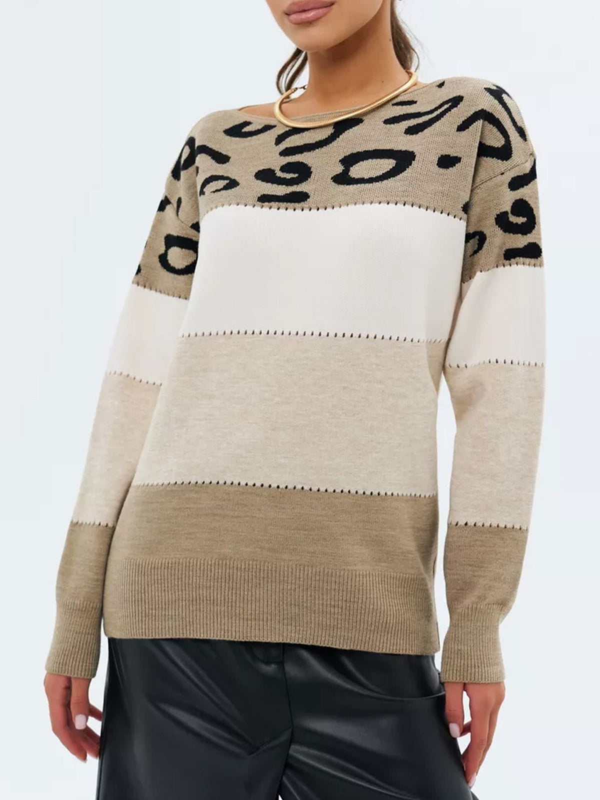 Sarena Leopard Color block Knit Sweater