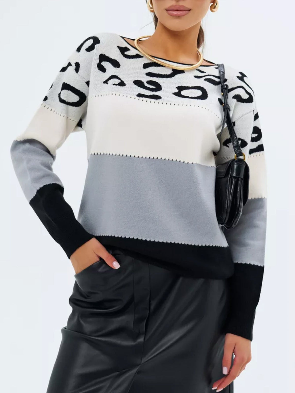 Sarena Leopard Color block Knit Sweater