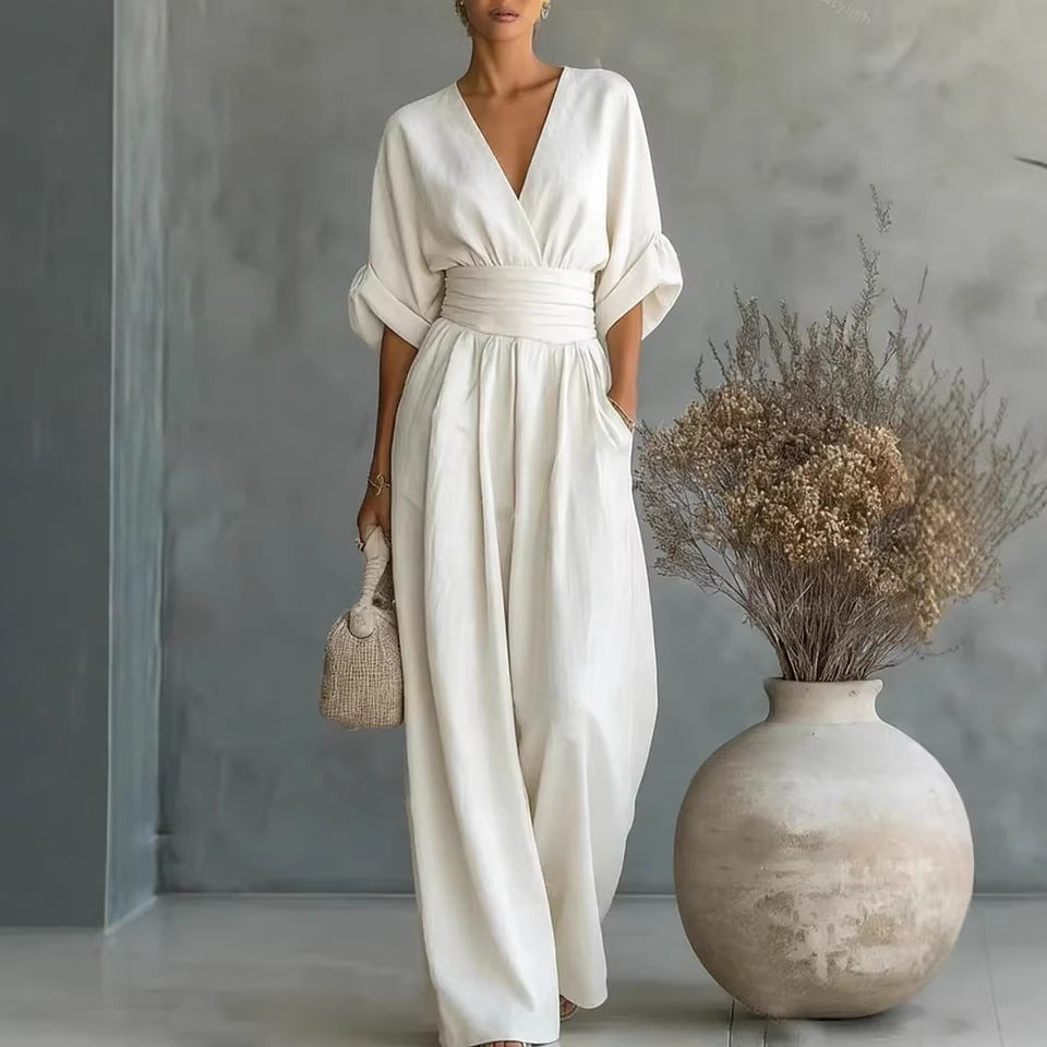 Elegant V-Neck Backless Dress with Flowing Sleeves
