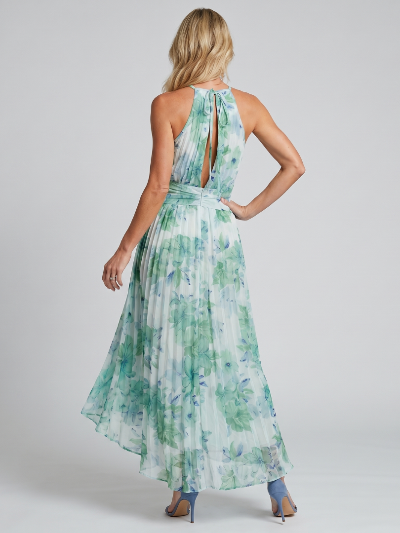 Portia Midi Dress in Pleated Crepe with Halter Neckline and Floral Print