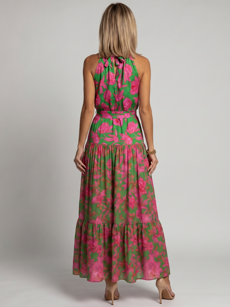 Pink Draped Midi Dress with Elegant Halter Neckline