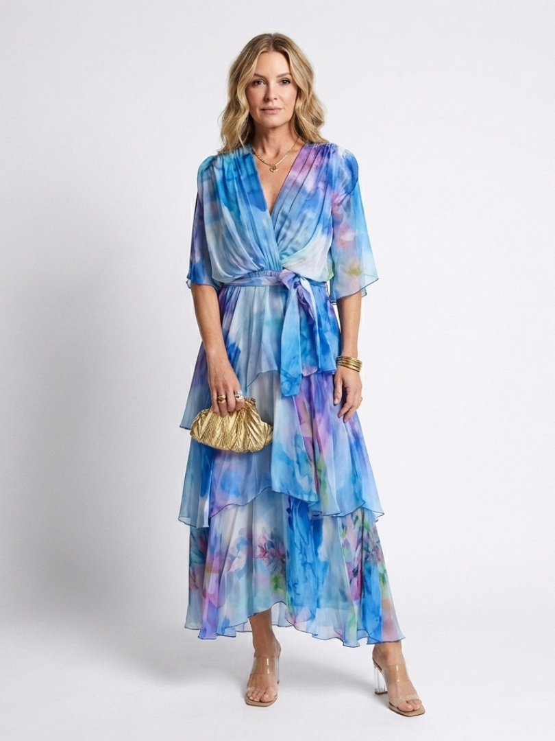 Calista | Sheer Maxi Dress with V-Neckline and Tie Belt