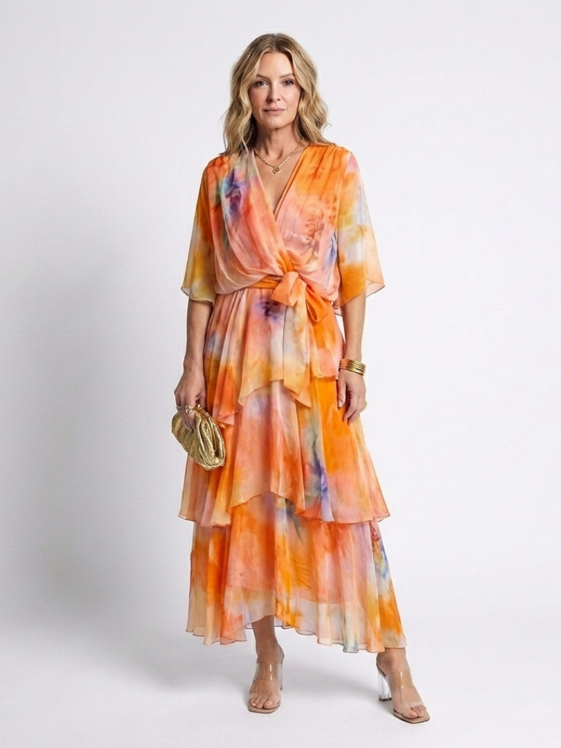Calista | Sheer Maxi Dress with V-Neckline and Tie Belt